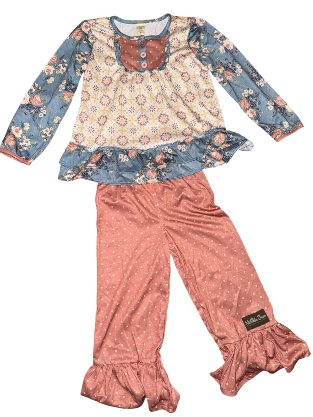 Matilda Jane Dusty Rose & Blue Floral Ruffle Pajama Set